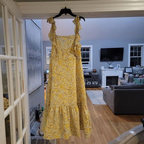 BCBG Eneration Women's Ruffle Strap Square Neck yellow Floral Midi Dress… - Picture 3 of 12